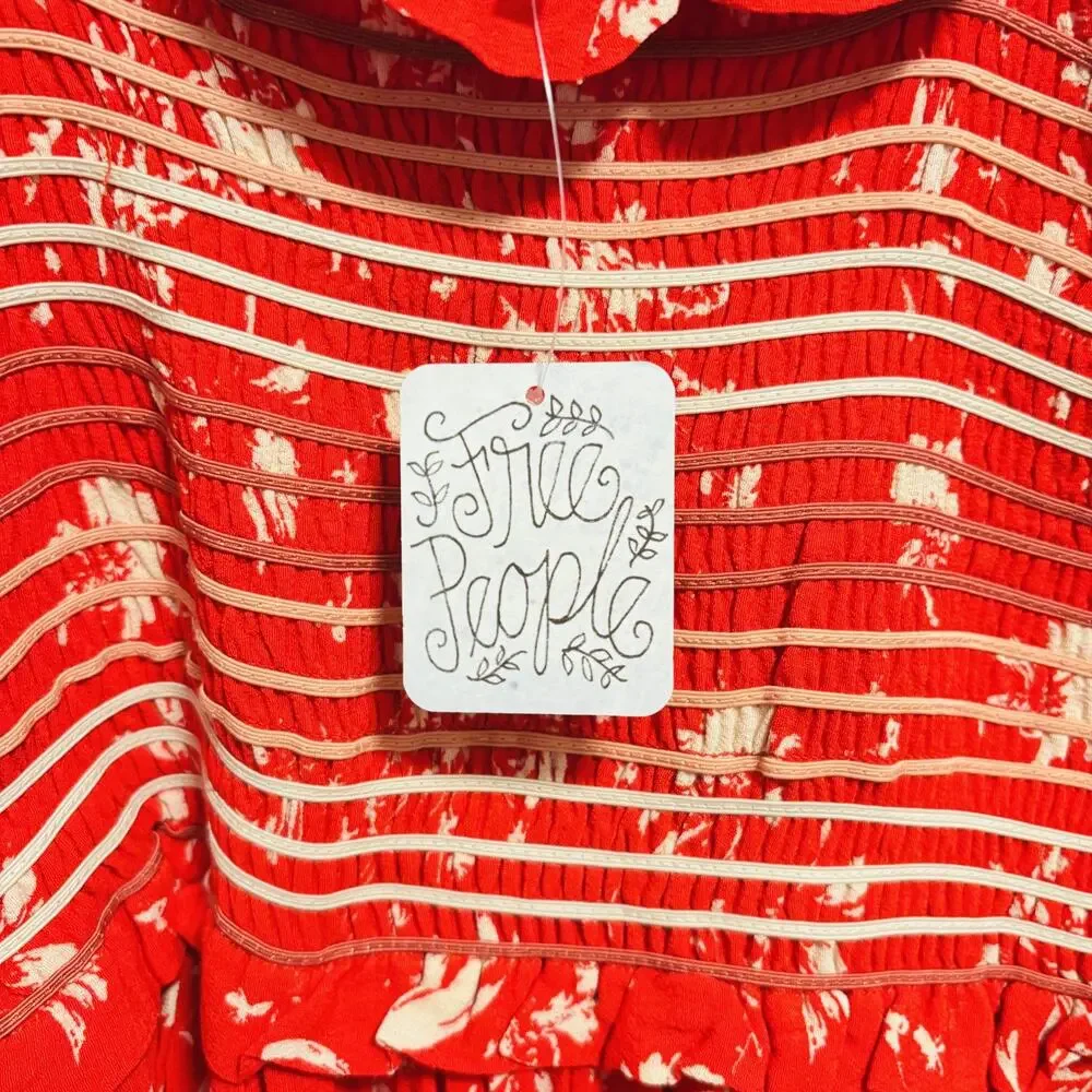 Free People Dress Womens Small Red Palazzo Jumpsuit My World Smocked Maxi NWT